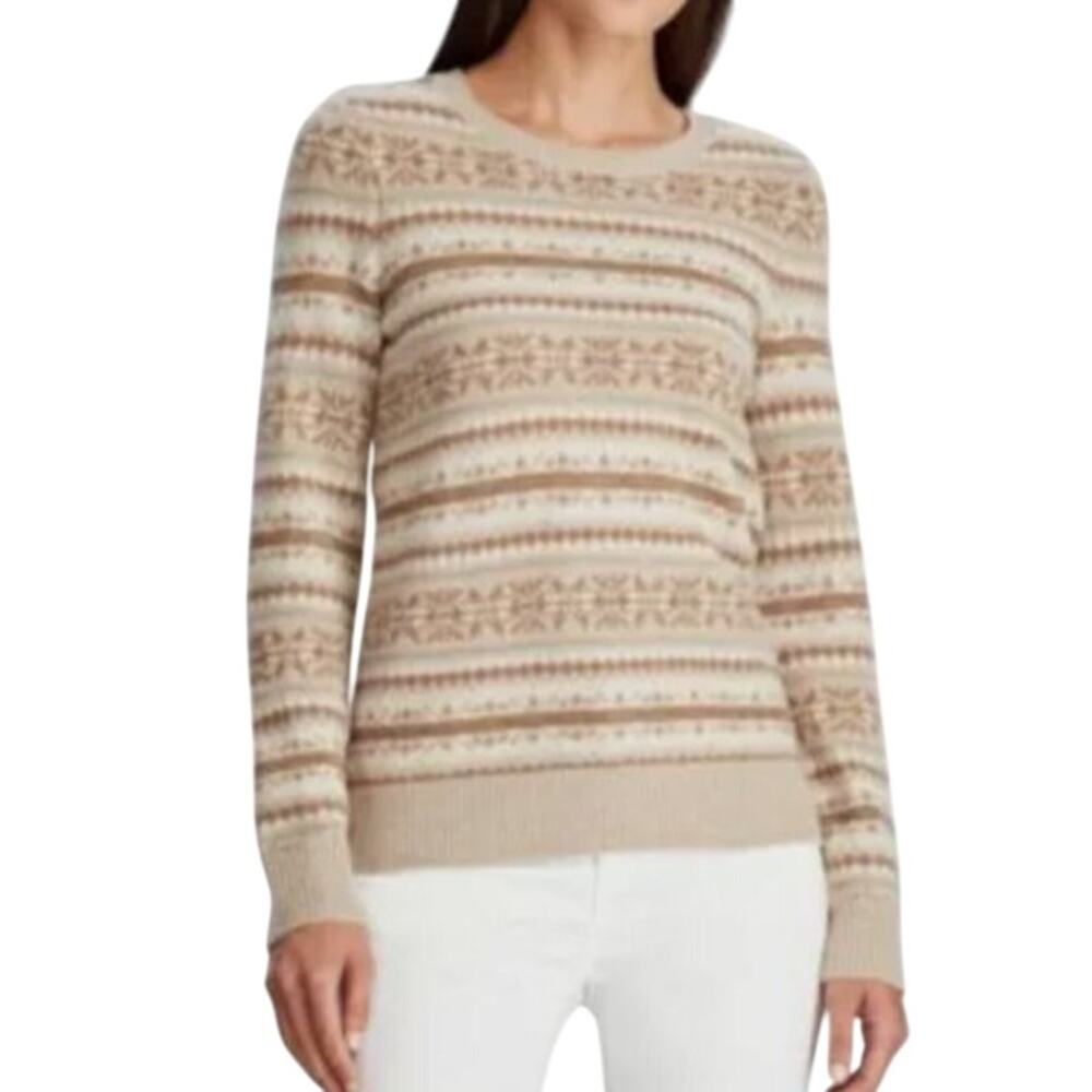 Ralph Lauren Ivory & Brown "Delayna" Sweater w/ Gold Glitter Accents, Wool